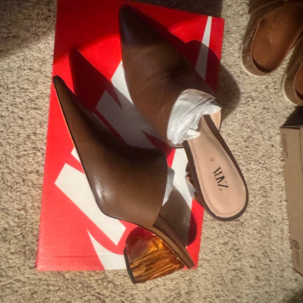 Zara brown versatile mules with geometric glass heel size 8